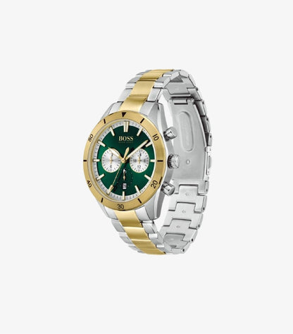 HUGO BOSS SANTIAGO TOW-TONE STAINLESS STEEL GREEN DIAL CHRONOGRAPH WATCH 1513872