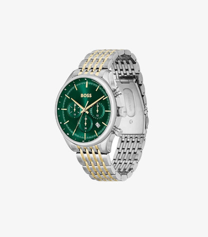 HUGO BOSS QTZ FASHION CHRONO GREEN ROUND DIAL SILVER STRAP WATCH 1514081