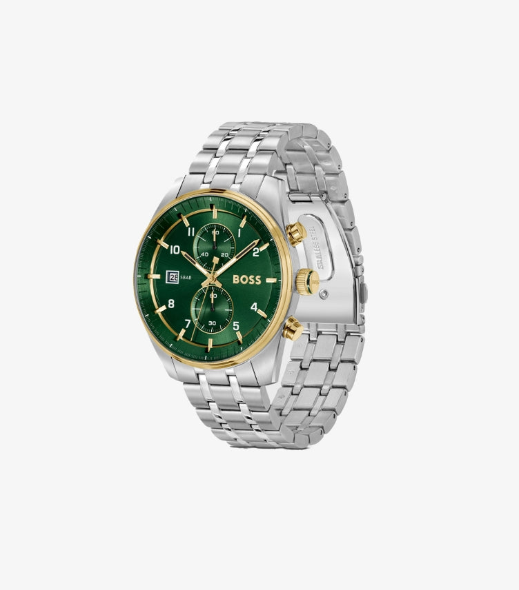 HUGO BOSS TWO-TONE CHRONOGRAPH WATCH WITH GREEN DIAL 1514195