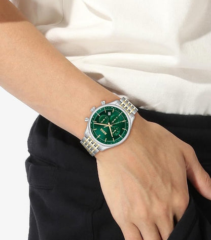 HUGO BOSS QTZ FASHION CHRONO GREEN ROUND DIAL SILVER STRAP WATCH 1514081