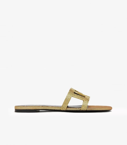 VERSACE CRYSTAL-EMBELLISHED CUTOUT METALLIC LEATHER SLIDES