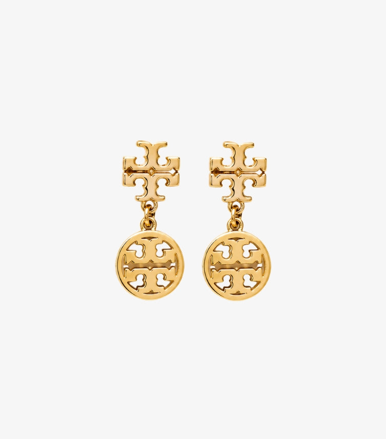 Tory Burch Miller Drop Earrings in 18K Gold-Tone featuring Double-T Logo Stud and Circular Cut-Out Miller Logo Medallion Charm – Front View