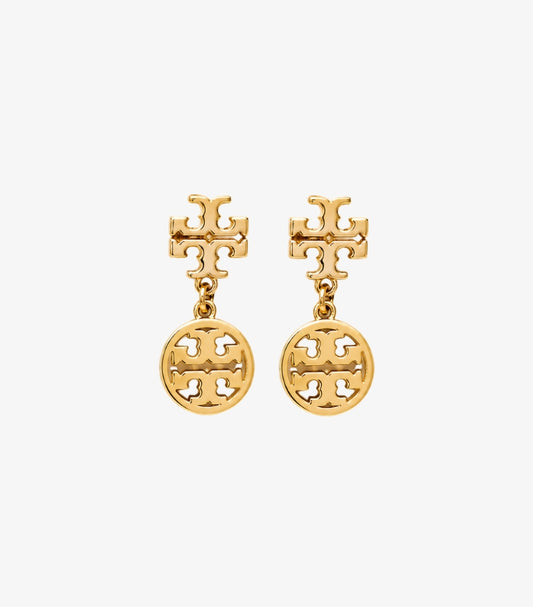 Tory Burch Miller Drop Earrings in 18K Gold-Tone featuring Double-T Logo Stud and Circular Cut-Out Miller Logo Medallion Charm – Front View