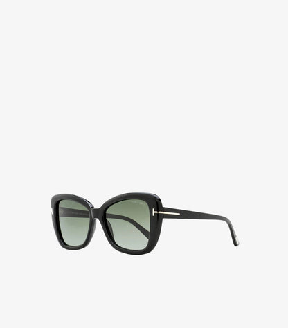 Tom Ford women's oversized square sunglasses with signature gold T hardware angled side view