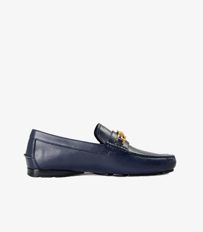 VERSACE NAVY BLUE CALF LEATHER LOAFERS MEN'S SHOES