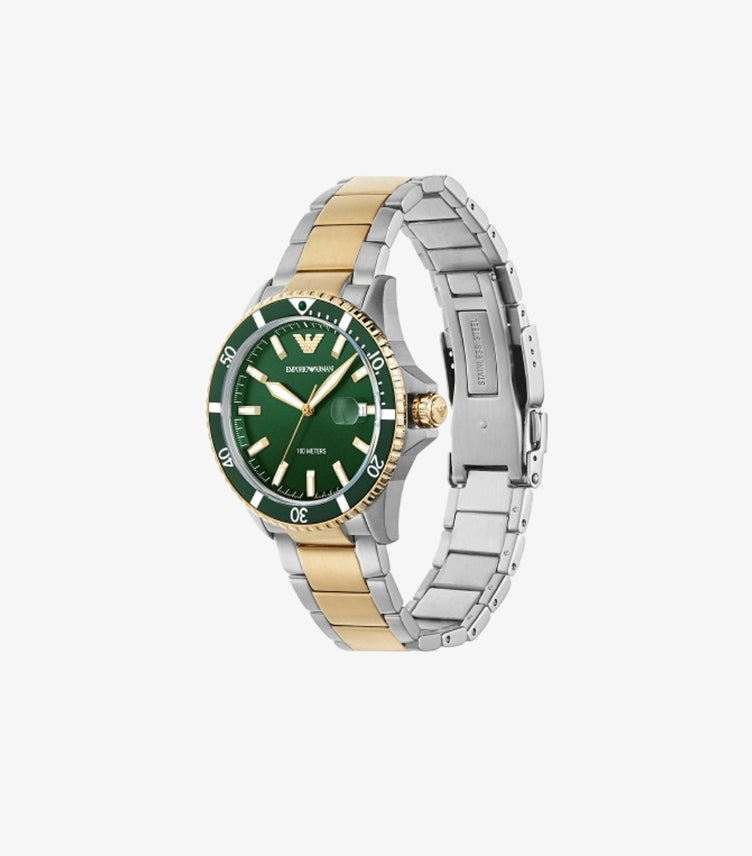 EMPORIO ARMANI QUARTZ TOW-TONE STAINLESS STEEL GREEN DIAL WATCH AR80063