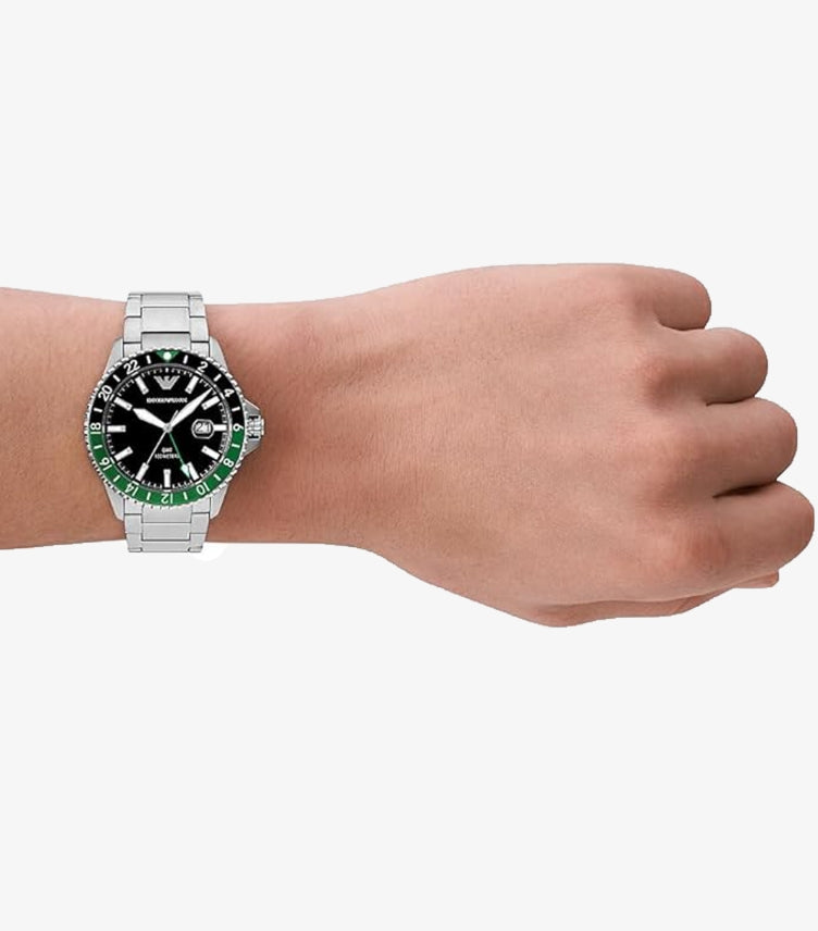 EMPORIO ARMANI WORLD EXPLORER GMT DUAL TIME STAINLESS STEEL WATCH AR11589