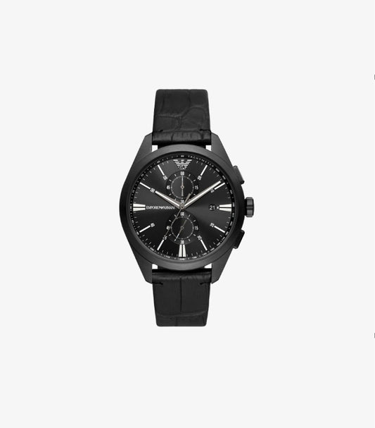 EMPORIO ARMANI QUARTZ BLACK LEATHER STRAP BLACK DIAL 43MM WATCH AR11483