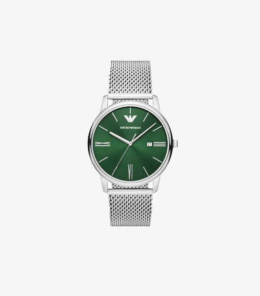 EMPORIO ARMANI THREE-HAND DATE STAINLESS STEEL MESH WATCH AR11578