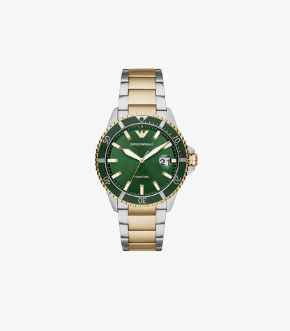 EMPORIO ARMANI QUARTZ TOW-TONE STAINLESS STEEL GREEN DIAL WATCH AR80063