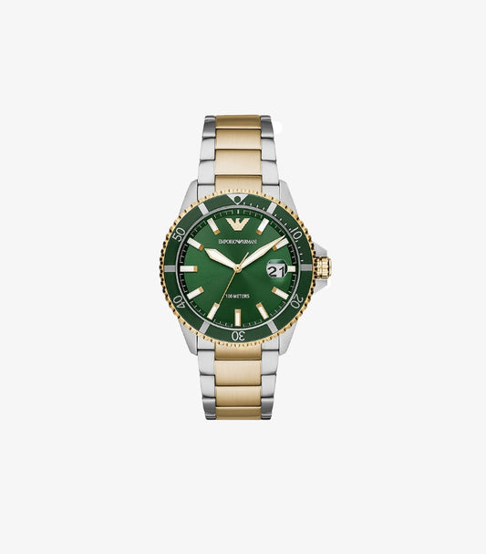 EMPORIO ARMANI QUARTZ TOW-TONE STAINLESS STEEL GREEN DIAL WATCH AR80063