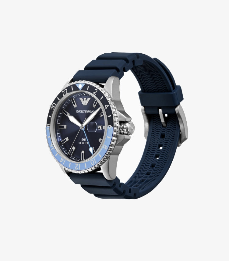 EMPORIO ARMANI GMT DUAL TIME BLUE SILICONE WATCH AR11592