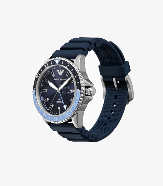 EMPORIO ARMANI GMT DUAL TIME BLUE SILICONE WATCH AR11592
