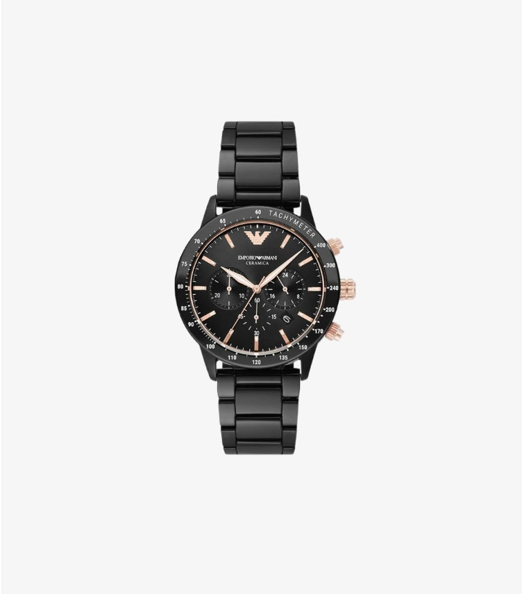 EMPORIO ARMANI QUARTZ CERAMIC BLACK DIAL WATCH AR70002