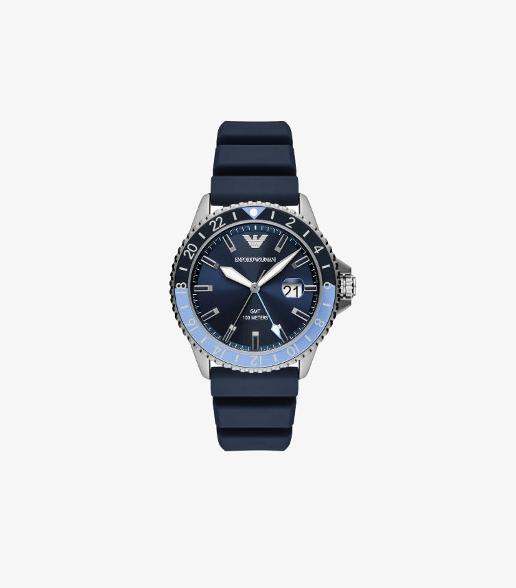 EMPORIO ARMANI GMT DUAL TIME BLUE SILICONE WATCH AR11592