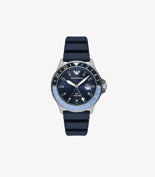 EMPORIO ARMANI GMT DUAL TIME BLUE SILICONE WATCH AR11592