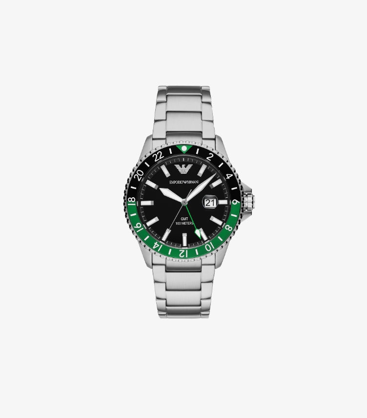 EMPORIO ARMANI WORLD EXPLORER GMT DUAL TIME STAINLESS STEEL WATCH AR11589