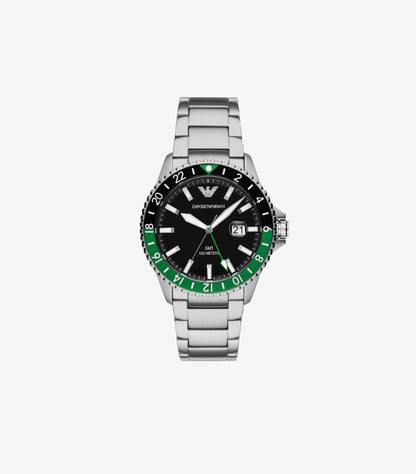 EMPORIO ARMANI WORLD EXPLORER GMT DUAL TIME STAINLESS STEEL WATCH AR11589