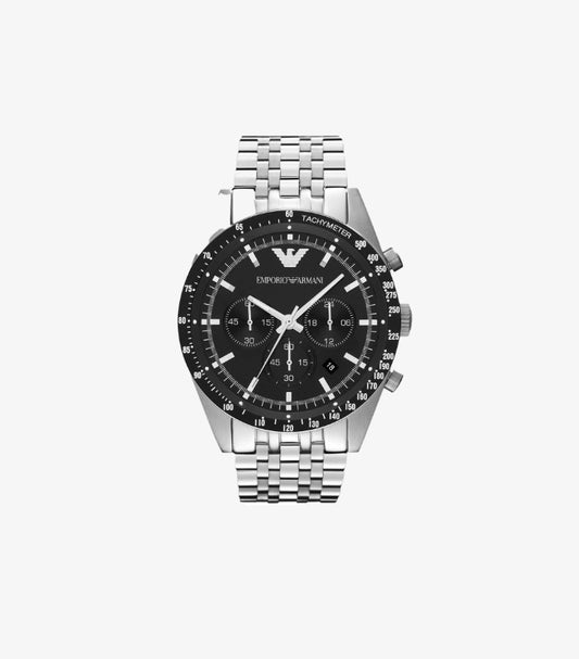 EMPORIO ARMANI CHRONOGRAPH QUARTZ STAINLESS STEEL BLACK DIAL WATCH AR5988