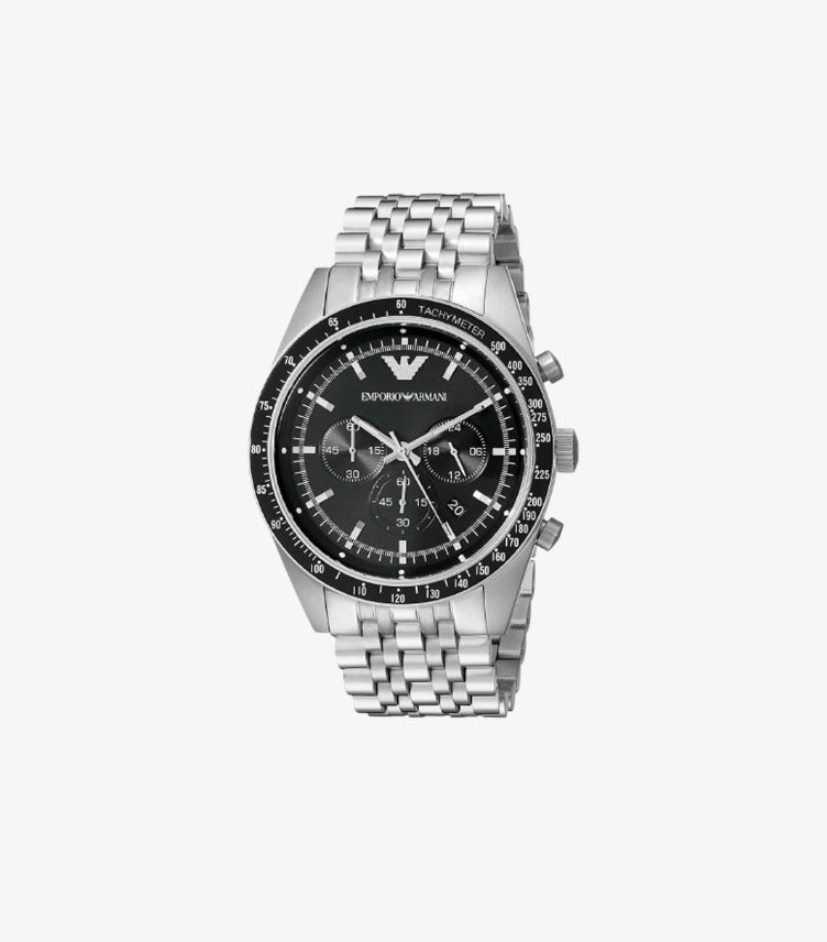 EMPORIO ARMANI CHRONOGRAPH QUARTZ STAINLESS STEEL BLACK DIAL WATCH AR5988