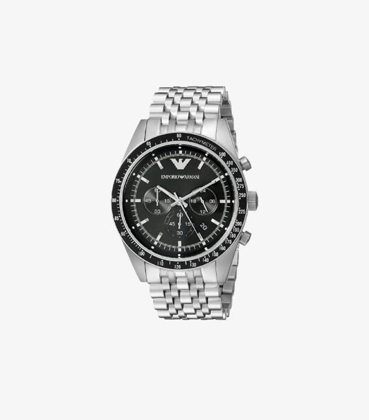 EMPORIO ARMANI CHRONOGRAPH QUARTZ STAINLESS STEEL BLACK DIAL WATCH AR5988