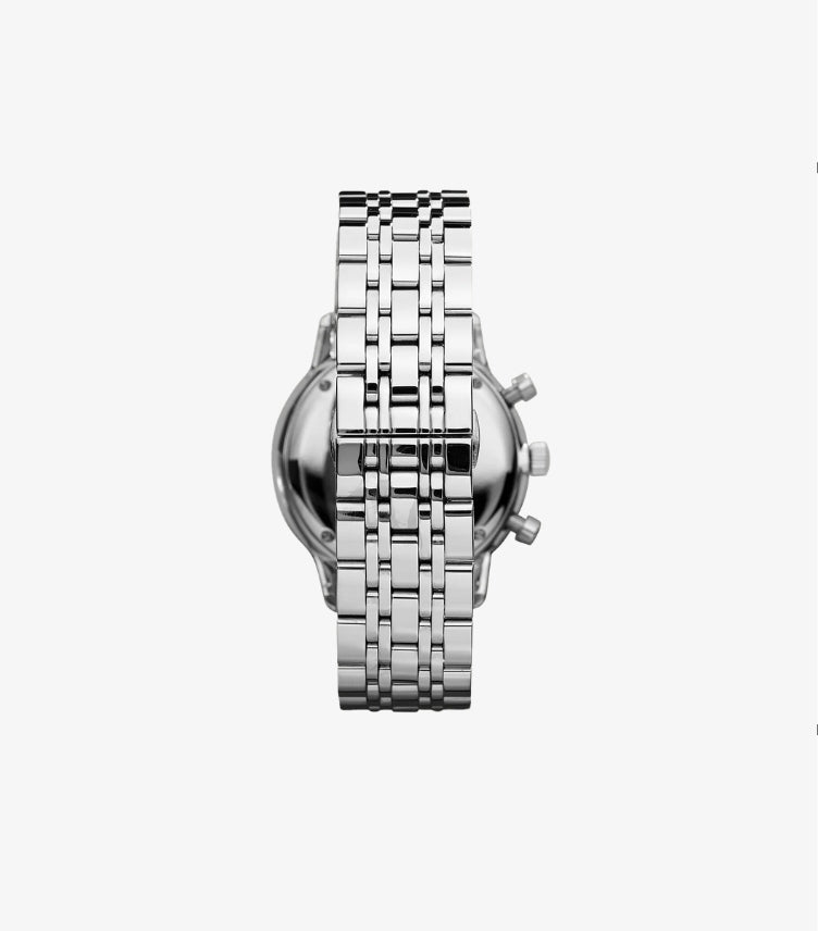 EMPORIO ARMANI MEN'S CLASSIC SILVER STAINLESS STEEL BLACK DIAL CHRONOGRAPH QUARTZ WATCH AR0389