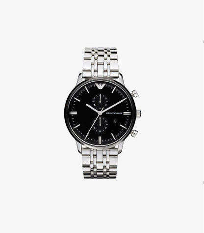 EMPORIO ARMANI MEN'S CLASSIC SILVER STAINLESS STEEL BLACK DIAL CHRONOGRAPH QUARTZ WATCH AR0389