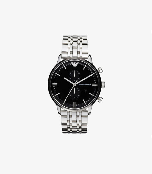 EMPORIO ARMANI MEN'S CLASSIC SILVER STAINLESS STEEL BLACK DIAL CHRONOGRAPH QUARTZ WATCH AR0389