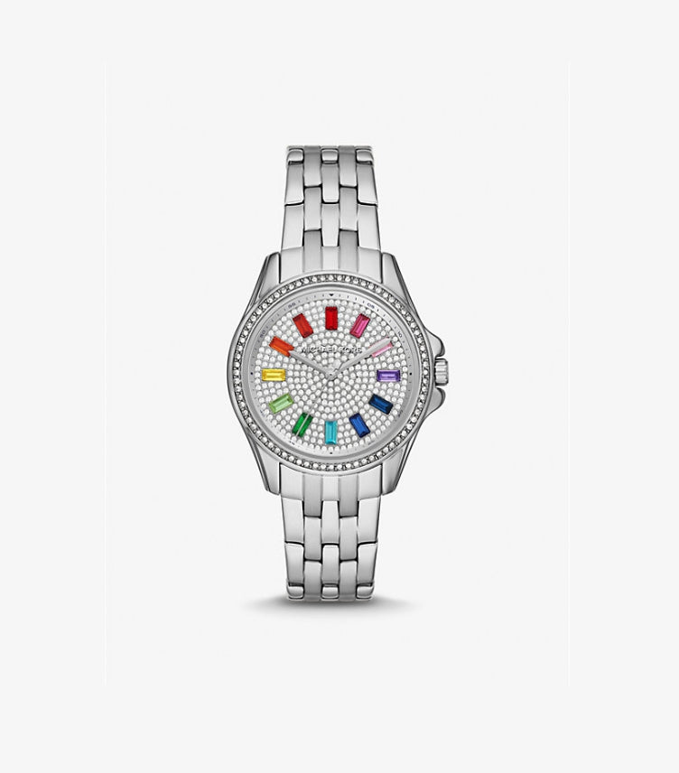 MICHAEL KORS MINI PILOT BAGUETTE RAINBOW PAVÉ SILVER-TONE WATCH MK7368