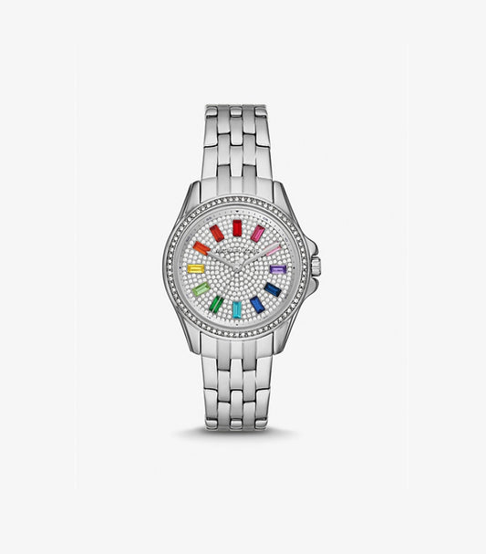 MICHAEL KORS MINI PILOT BAGUETTE RAINBOW PAVÉ SILVER-TONE WATCH MK7368