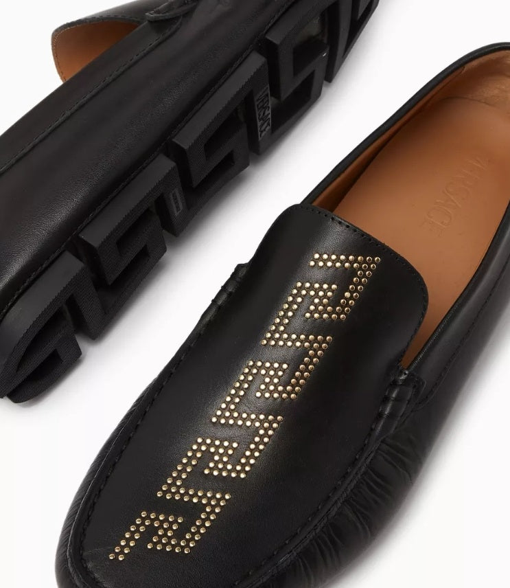 VERSACE GRECA STUD DRIVER SHOES IN SMOOTH LEATHER