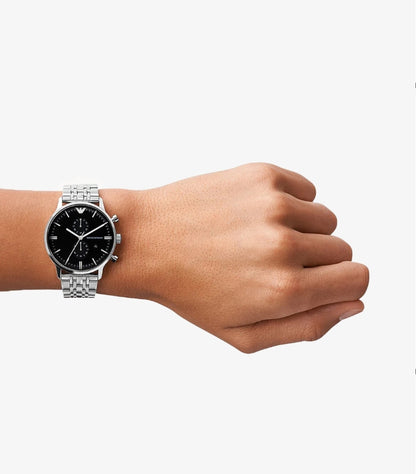 EMPORIO ARMANI MEN'S CLASSIC SILVER STAINLESS STEEL BLACK DIAL CHRONOGRAPH QUARTZ WATCH AR0389
