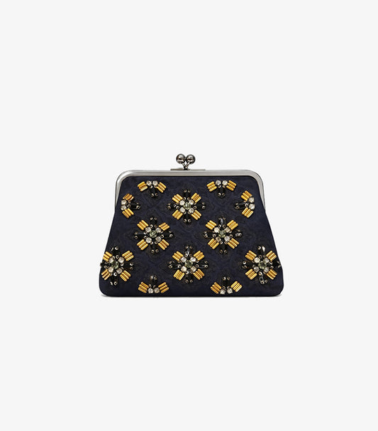 TORY BURCH EMBELLISHED EVENING CLUTCH – NAVY & GOLD