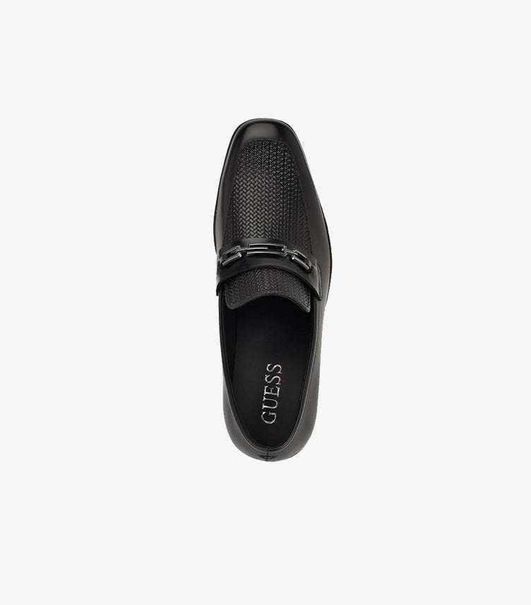 Top view of Guess men’s horsebit loafer showing the woven-texture vamp, square toe and branded footbed