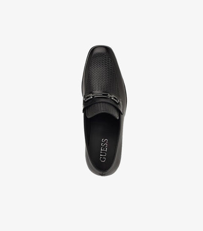 Top view of Guess men’s horsebit loafer showing the woven-texture vamp, square toe and branded footbed