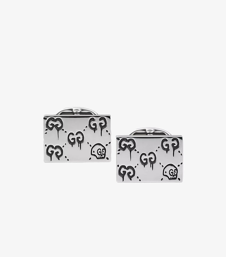 Gucci GucciGhost silver rectangular cufflinks pair showing black enamel GG monogram and skull motif