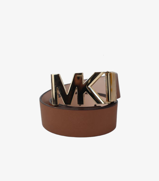 MICHAEL KORS (MK) LOGO BUCKLE LEATHER REVERSIBLE BELT – BROWN & GOLD