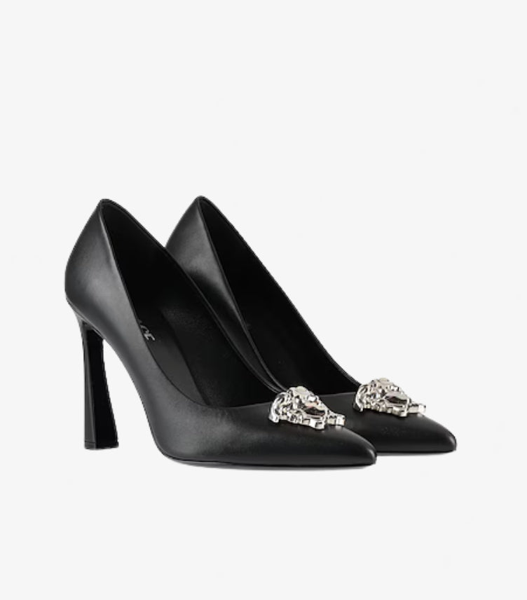 VERSACE SILVER MEDUSA BLACK LEATHER HEELED PUMPS
