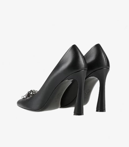 VERSACE SILVER MEDUSA BLACK LEATHER HEELED PUMPS