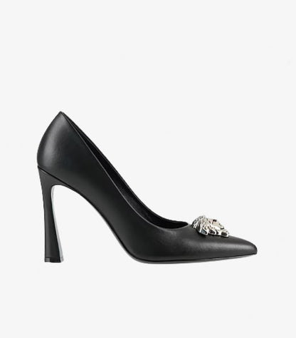 VERSACE SILVER MEDUSA BLACK LEATHER HEELED PUMPS