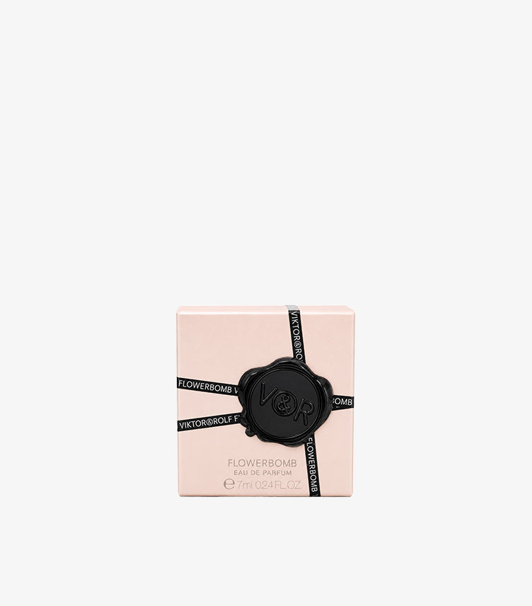 Viktor and Rolf Flowerbomb Original Eau de Parfum 7ml 0.24 fl oz Mini Box – Signature Blush Pink Box with Black FLOWERBOMB Ribbon and Embossed Black V&R Wax Seal – Luxury Women's Perfume Mini Gift Box