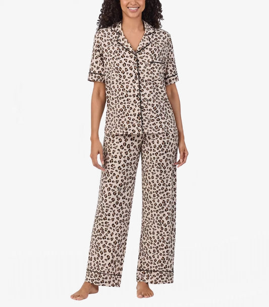 DKNY LADIES NOTCH COLLAR 03 PIECE PYJAMA SET IN CHEETAH PRINT