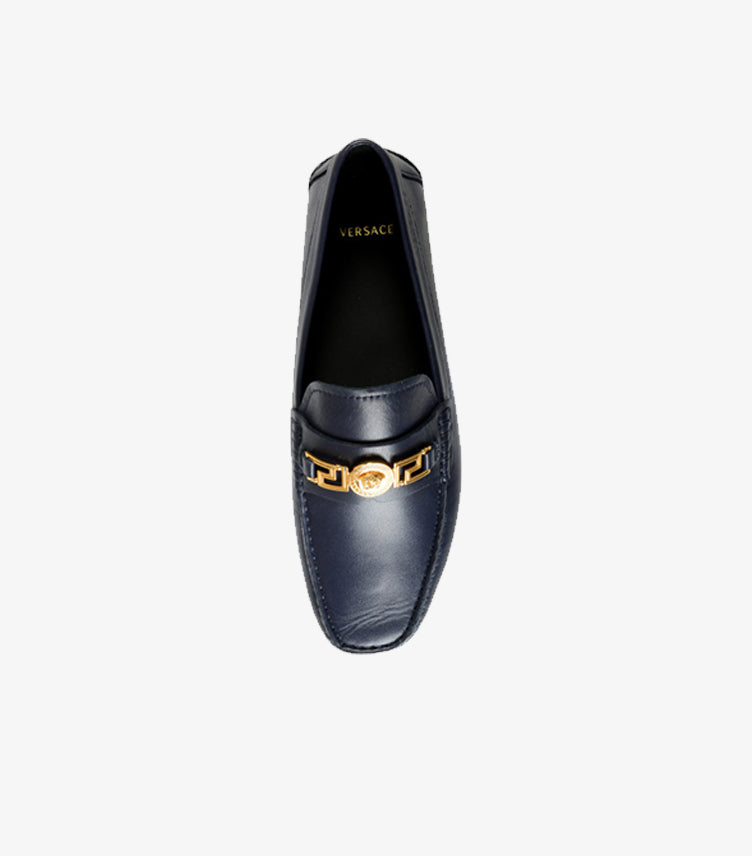 VERSACE NAVY BLUE CALF LEATHER LOAFERS MEN'S SHOES
