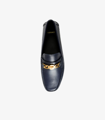 VERSACE NAVY BLUE CALF LEATHER LOAFERS MEN'S SHOES