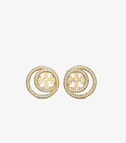 TORY BURCH CRYSTAL LOGO CIRCLE STUD EARRINGS – GOLD TONE