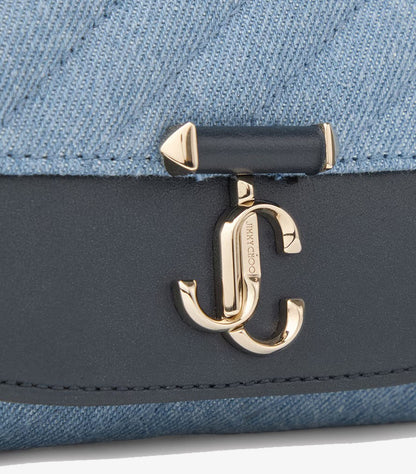 Jimmy Choo Denim Wallet on Chain quilted leather side detail with chain strap