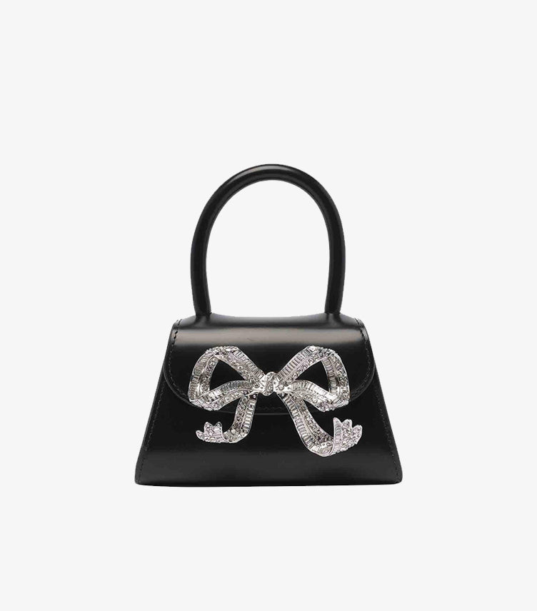 Self-Portrait black crystal bow mini top handle bag front view