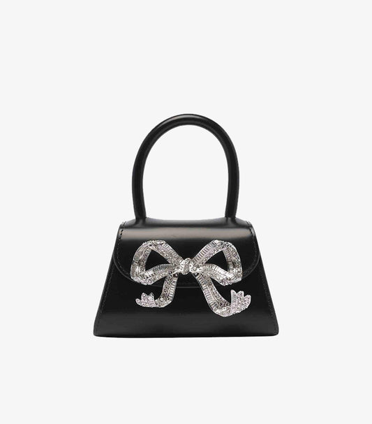 Self-Portrait black crystal bow mini top handle bag front view