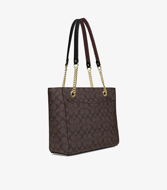 COACH SIGNATURE CANVAS CHAIN TOTE BAG – BROWN