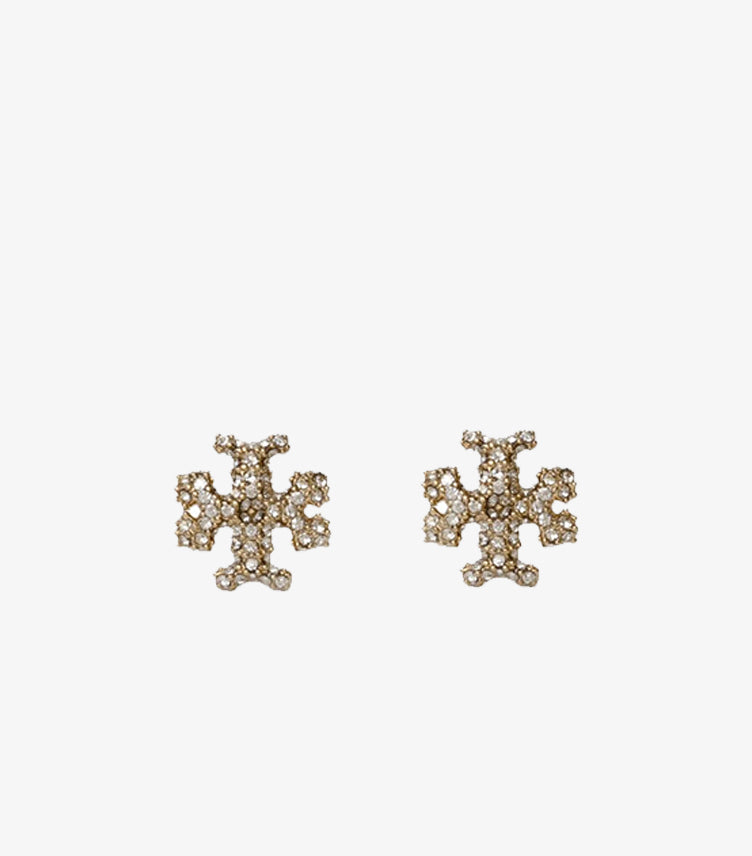 TORY BURCH CRYSTAL LOGO STUD EARRINGS – GOLD TONE
